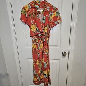Caribbean Joe Tropical Floral Rayon Faux Wrap Maxi Dress Red Petite Medium PM